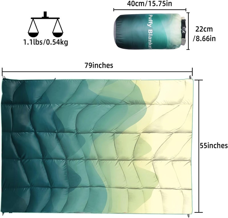 GLORSIGN Outdoor Puffy Camping Blanket, Lightweight Down Alternative Puffy Printed Camping Large Ultra Warm Hammock Top Quilt Waterproof Blanket for Traveling Picnic Beach Party Cold Weather (Green Mountain) - Image 2